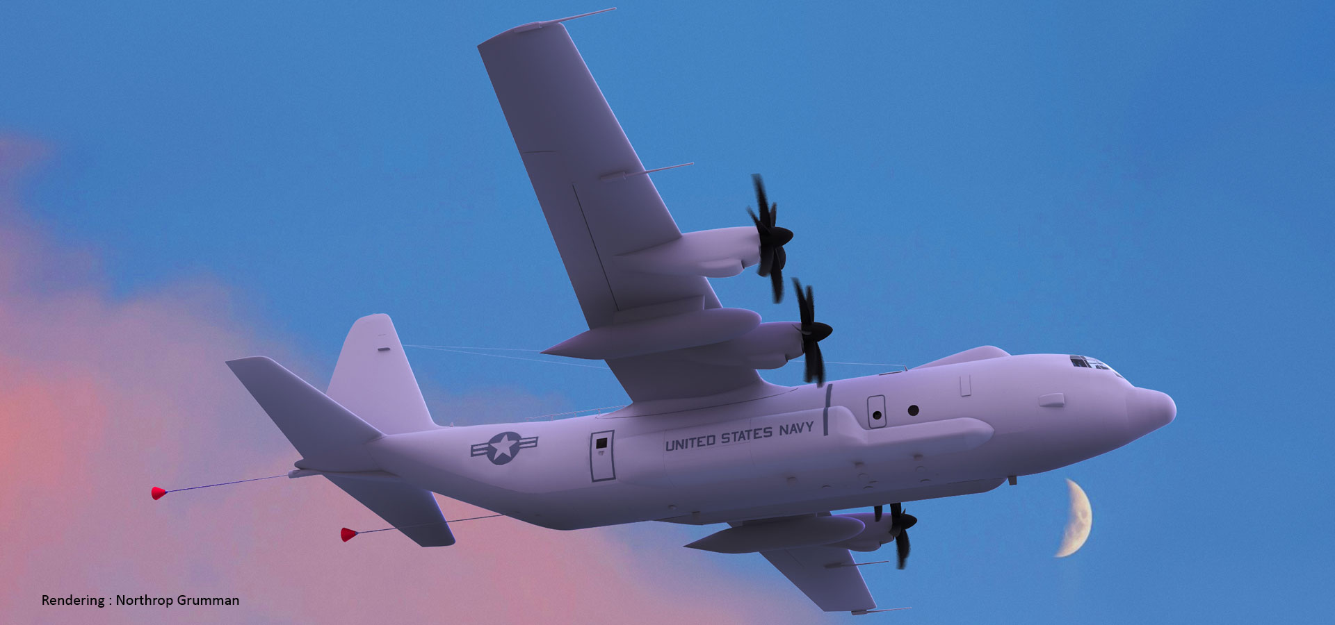Northrop Grumman rendering of E-130J TACAMO flying at twilight.