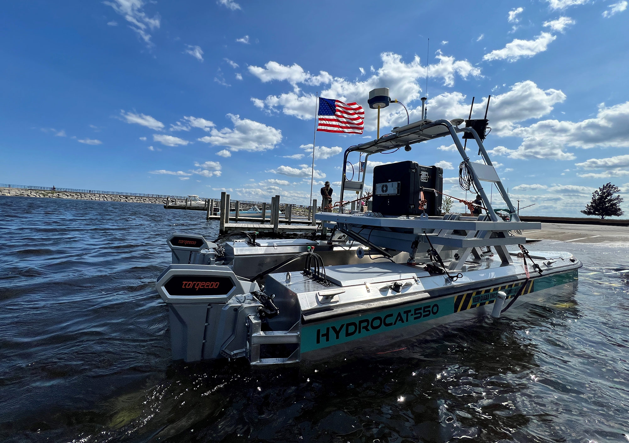 Scion/Helix electronic warfare transceiver installed on boat floating in water