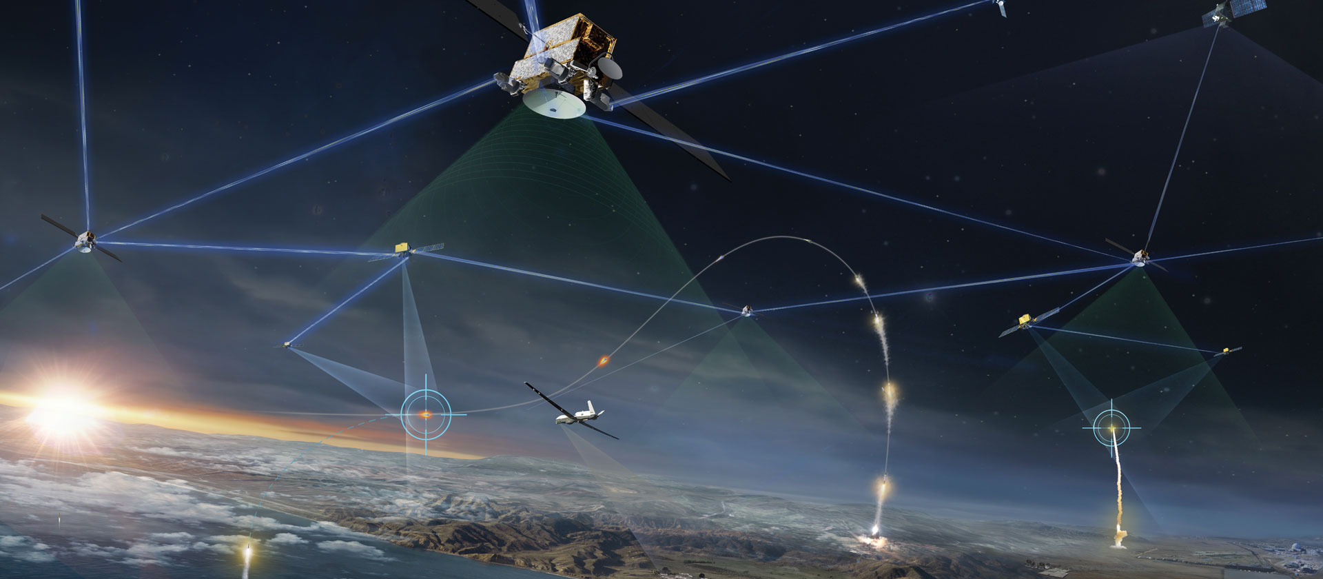 Banner Image Alt Text A rendering of Northrop Grumman’s Tranche 1 Transport Layer mesh satellite constellation.