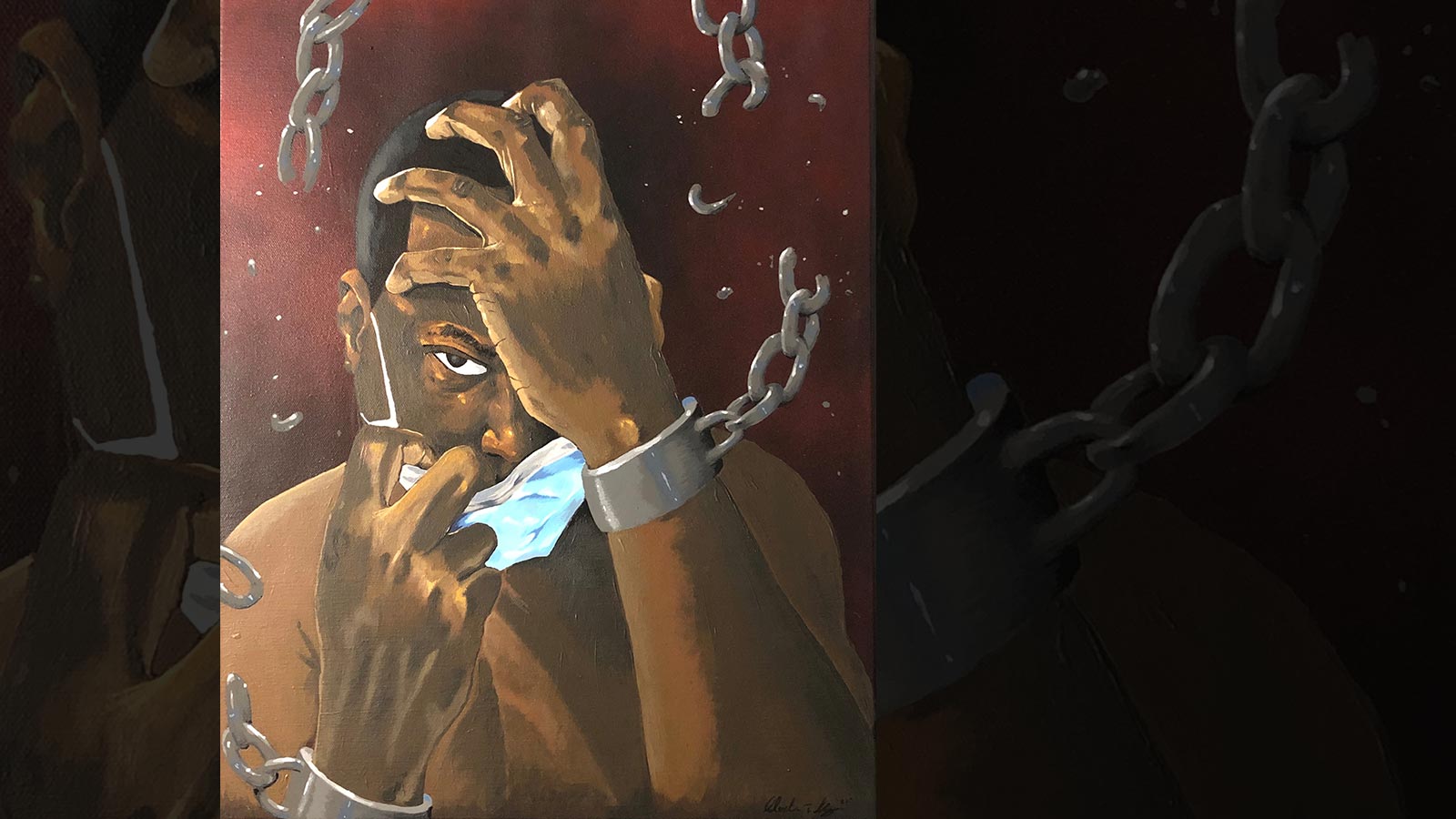 Painting of a man breaking shackles