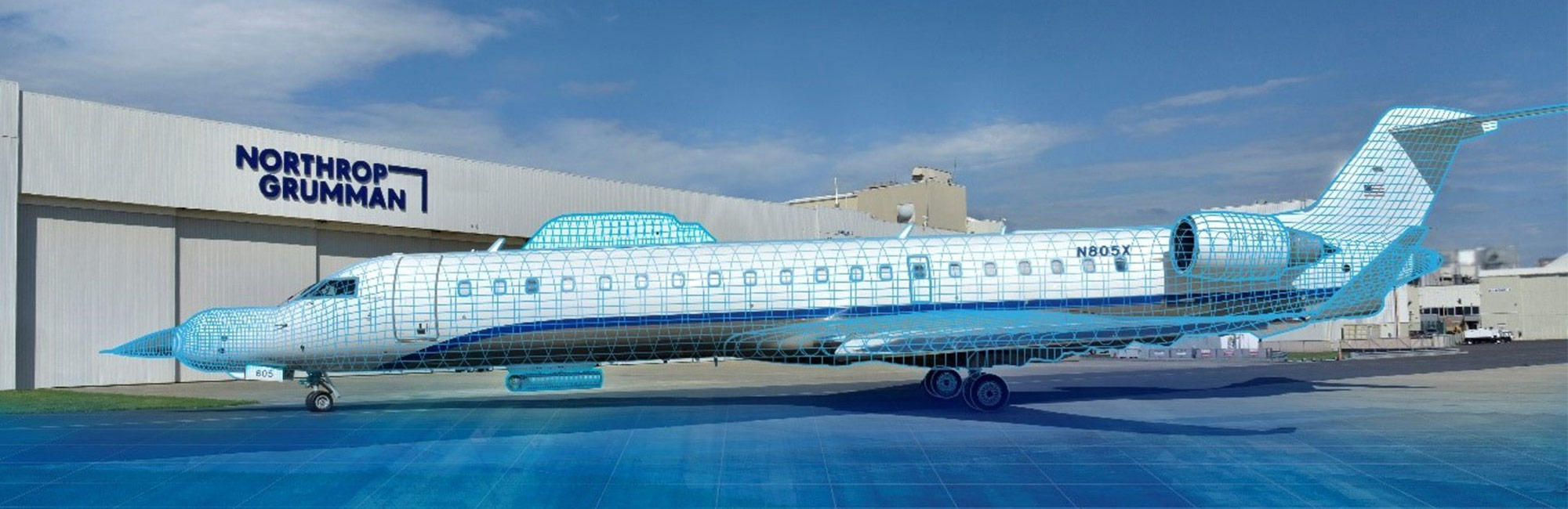 digital plane in front of hangar